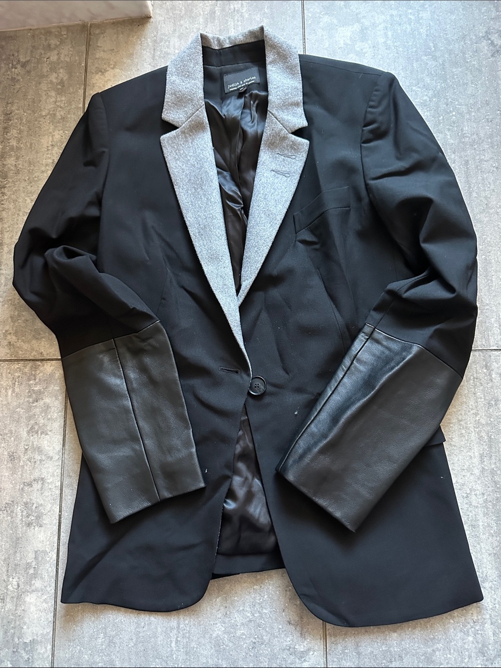 JUDITH & CHARLES Black Blazer with Gray Shawl Collar and Leather Trim